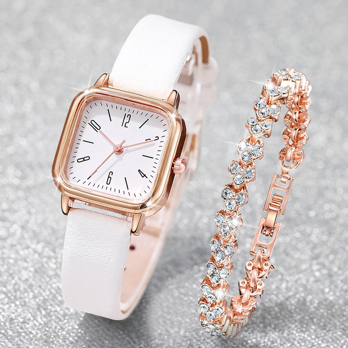 2PCS Fashion Square Arabic Dial Women Quartz Watch Casual Leather Strap Watches Rhinestone Bracelet Set