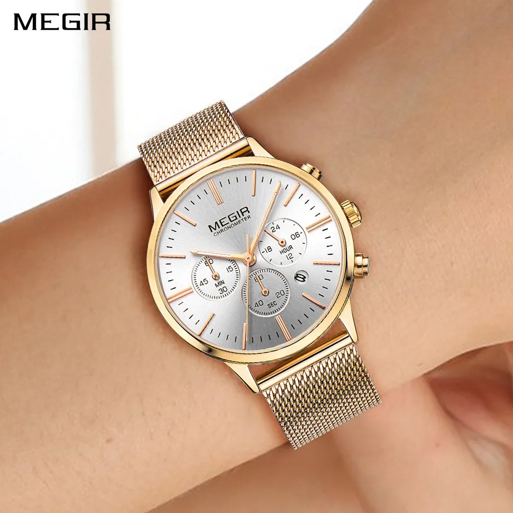 Megir feminino luxo moda relógio de quartzo malha à prova dwaterproof água banda aço inoxidável casual senhoras vestido relógio pulso 2011