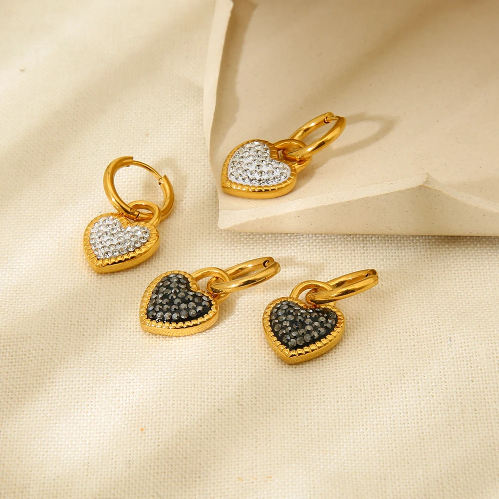 Stylish Stainless Steel 18k Gold Plated Glass Stone Paved Heart Dangle Hoop Earrings for Women Jewelry Party Gift