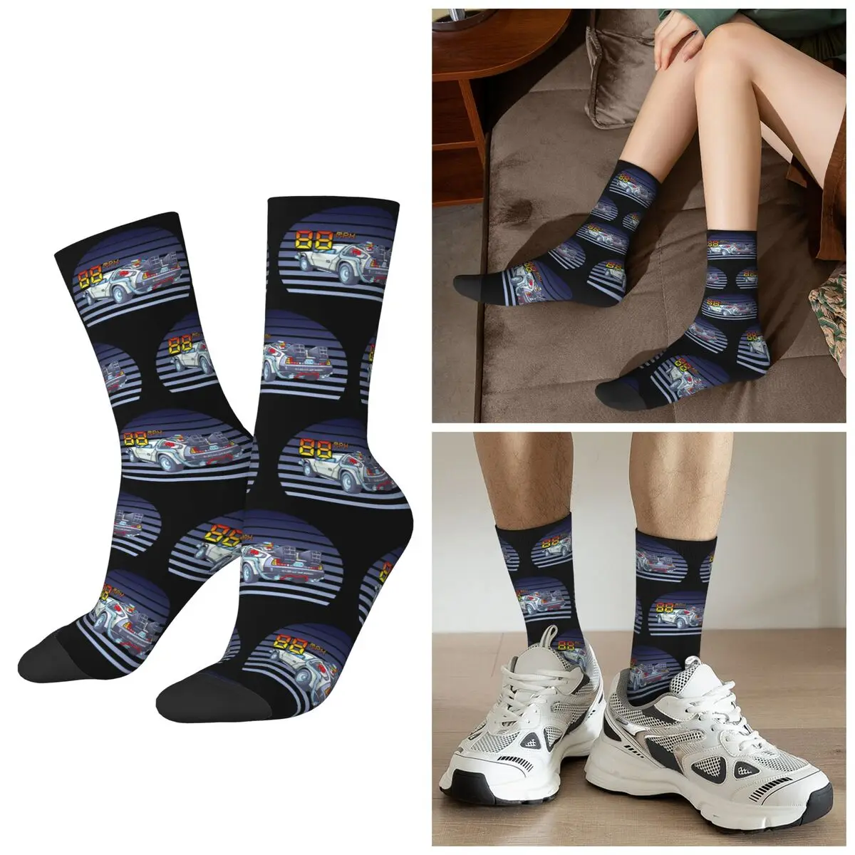 Calcetines DeLorean Regreso al futuro para todas las estaciones, calcetines Harajuku Crew, medias de moda para hombres y mujeres, regalos de navidad