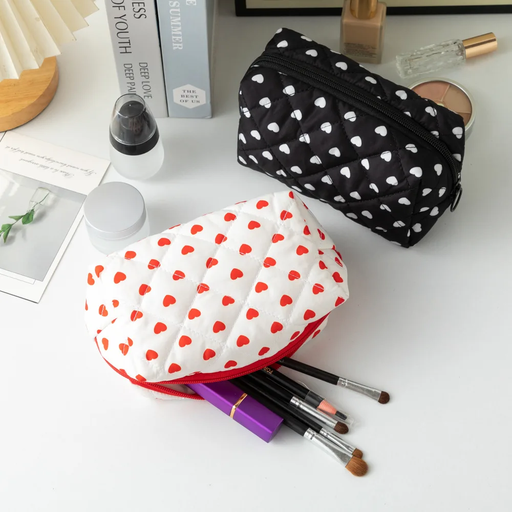 Cute Heart Pattern Makeup Brush Bag,Cotton Drawstring Cosmetic Pouch for Women, Travel Toiletry Storage Organizer Gift view 6