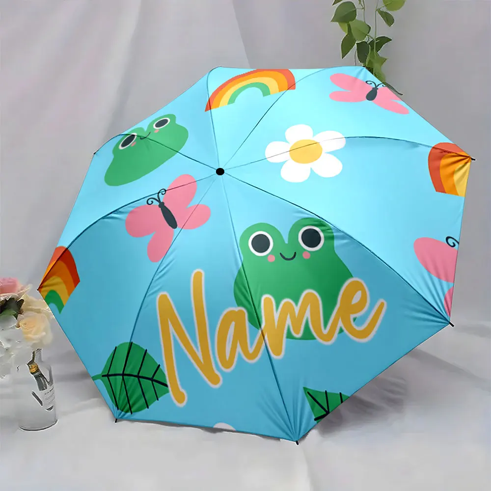 Custom Name Umbrella Cute Frog and Rainbow Umbrella Design Print 8 Iron Ribs Folding Umbrella Auto-Open Fashion Sunshade