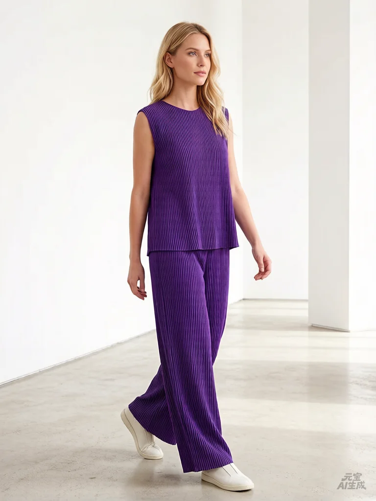 

Miyake Pleated Spring/Summer Fashion Top Women's Two-Piece Set Plus Size Round Neck Sleeveless T-Shirt with Wide-Leg Trousers