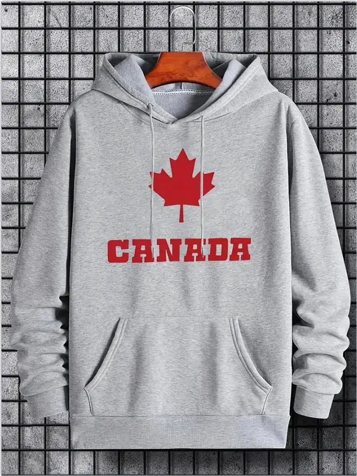 Hoodies For Men, Maple Leaf Canada Print Hoodie, Men’s Casual Pullover Hooded Sweatshirt With Kangaroo Pocket For Spring Fall