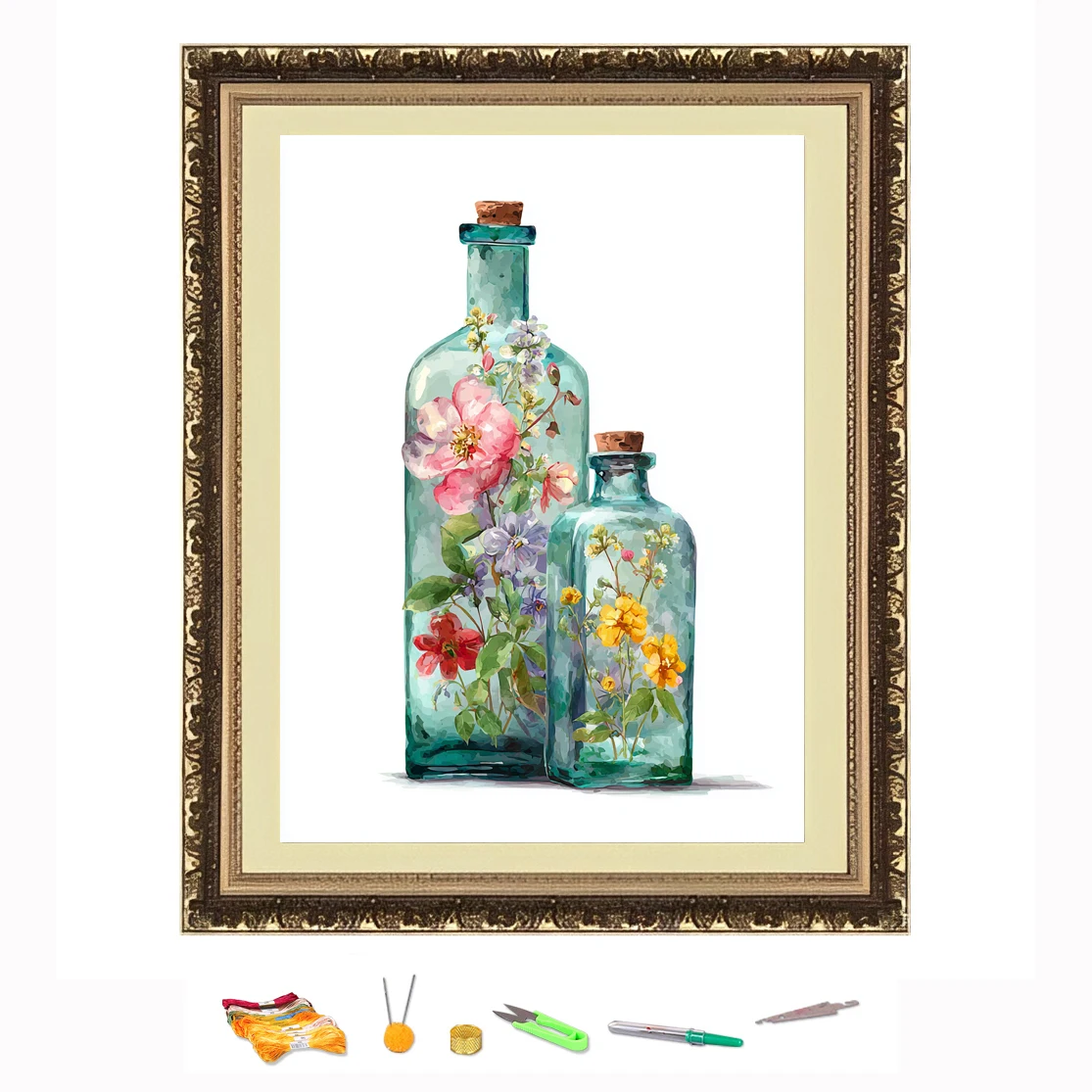 

Cross Stitch Embroidery Flowers Placed In The Cyan Glass Bottle DIY Needlework Kit Decorate Printed on Canva 11CT