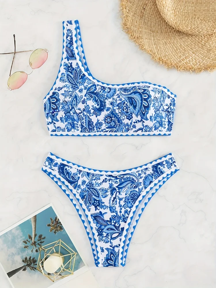 Bikini Women Swimsuit 2025 New Print One Shoulder Bikinis Set Sexy High Waist Swimwear Summer Two Piece Set Beach Bathing Suit