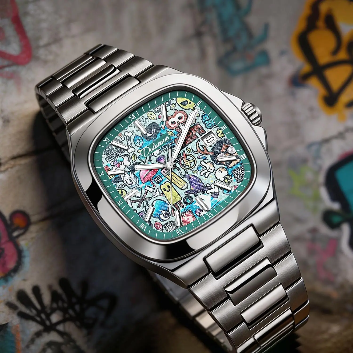 

Lunervia Store Men's Wristwatches Automatic Watches for Fashion Graffiti Pattern Dial Design Mechanical Watch for Men Automatic Winding 3 ATM Waterproof