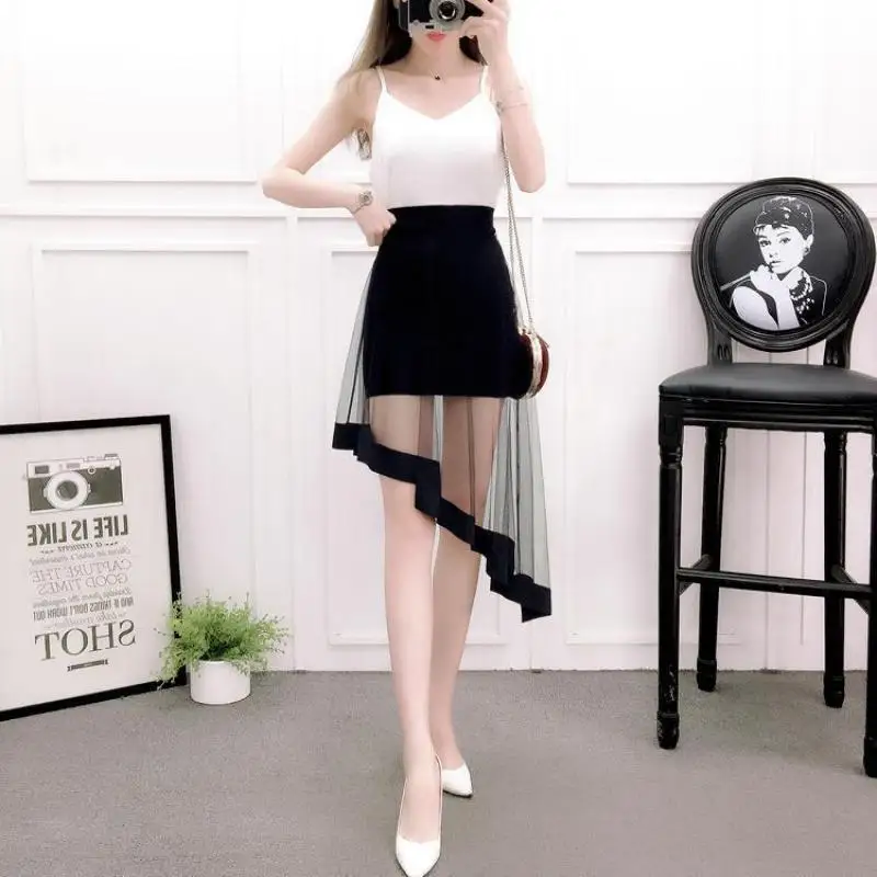 Y2k Summer High Waist Sexy Perspective Black Gauze Skirt Women's Irregular Mesh Skirt Small Figure Slimming A- Line Skirt Lady