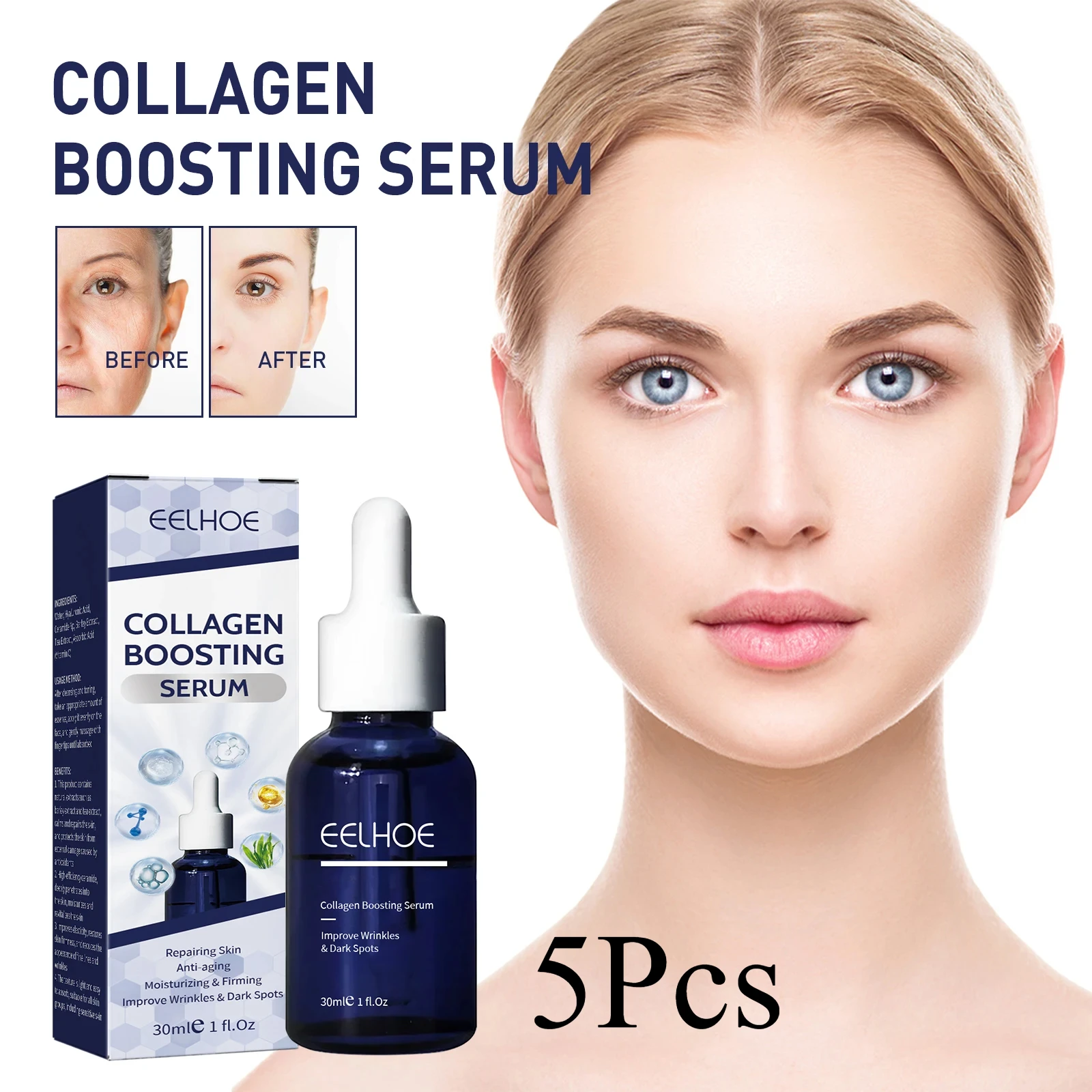 Siero antietà per il viso con essenza di acido ialuronico da 5 pezzi, rimozione delle rughe. Idratazione. Pelle del viso idratante, nutriente e rassodante