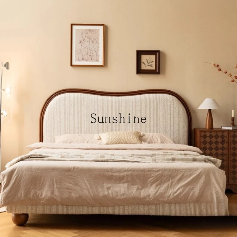 

French retro master bedroom double bed medium antique fabric soft bag bed