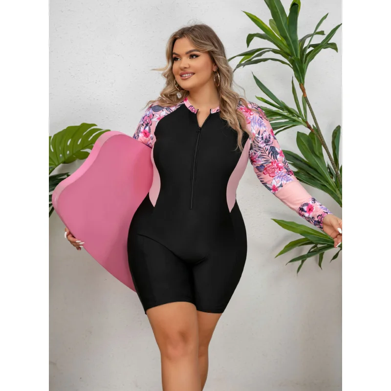 Plus Size One-Piece Zipper Sports Swimsuit Women's Long Sleeve Surfing Swimsuit Surfing Suit Boxer Dive Skin Snorkeling Suit