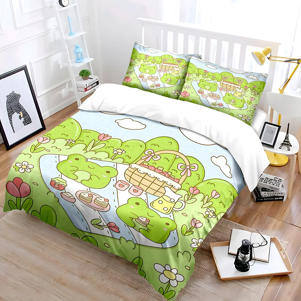 Two Frogs Picnic in the Field cartoon Print Bedding Set 1 Duvet Cover 2 Pillowcases for Adult and Children Luxury Gift Full Size