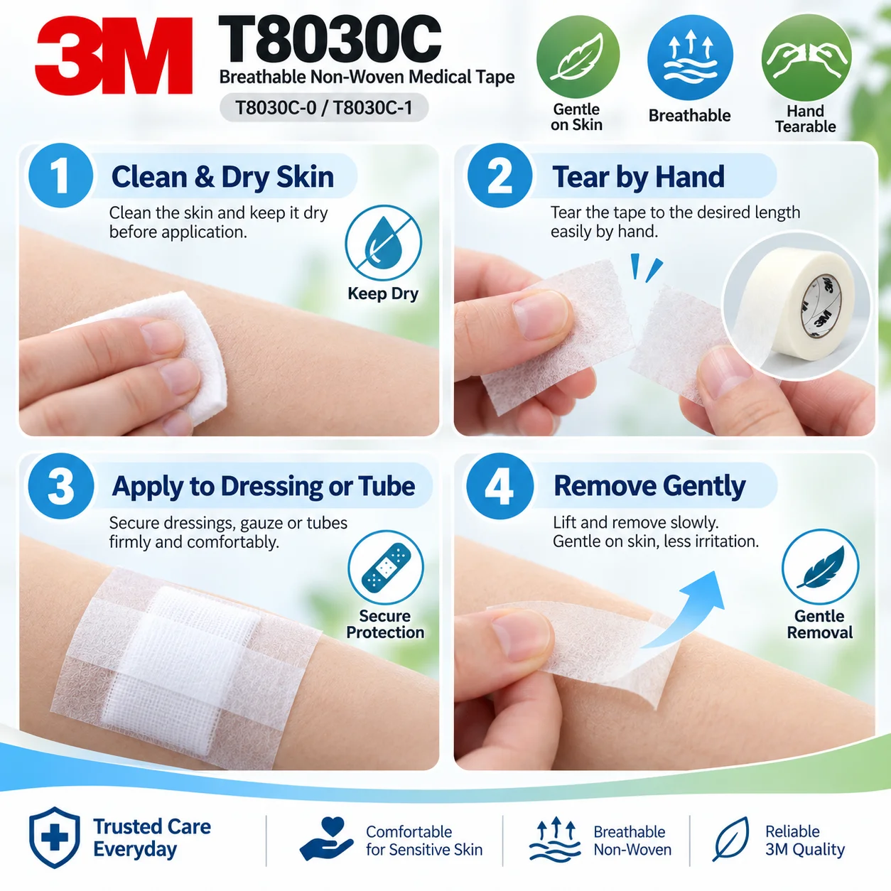 3M T8030C Nonwoven Surgical Tape White Highly Breathable Gentle Adhesion Hypoallergenic Easy Tear Tape