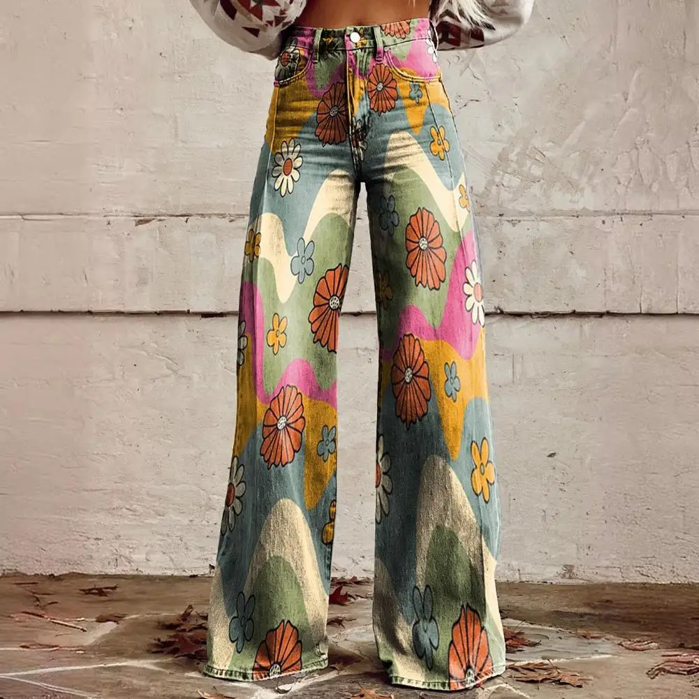 Women Retro Pants Mid-rise Button Zipper Fly Wide Leg Long Trousers With Pocket Digital Floral Print Leisure Trousers Streetwear