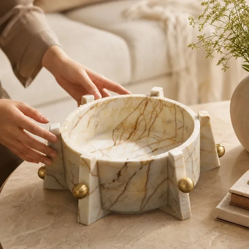 Medieval Style Natural Stone Fruit Plate High Foot Bowl Desktop Decor for Office Side Cabinet Porch Ornament Unique Design