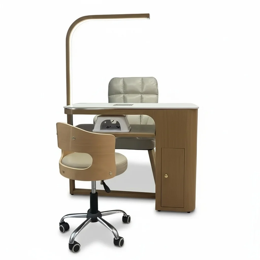 

Стол для маникюра L-образной формы, современный деревянный стол из МДФ с пылесосом и LED-подсветкой, профессиональная мебель для салонов красоты и дома