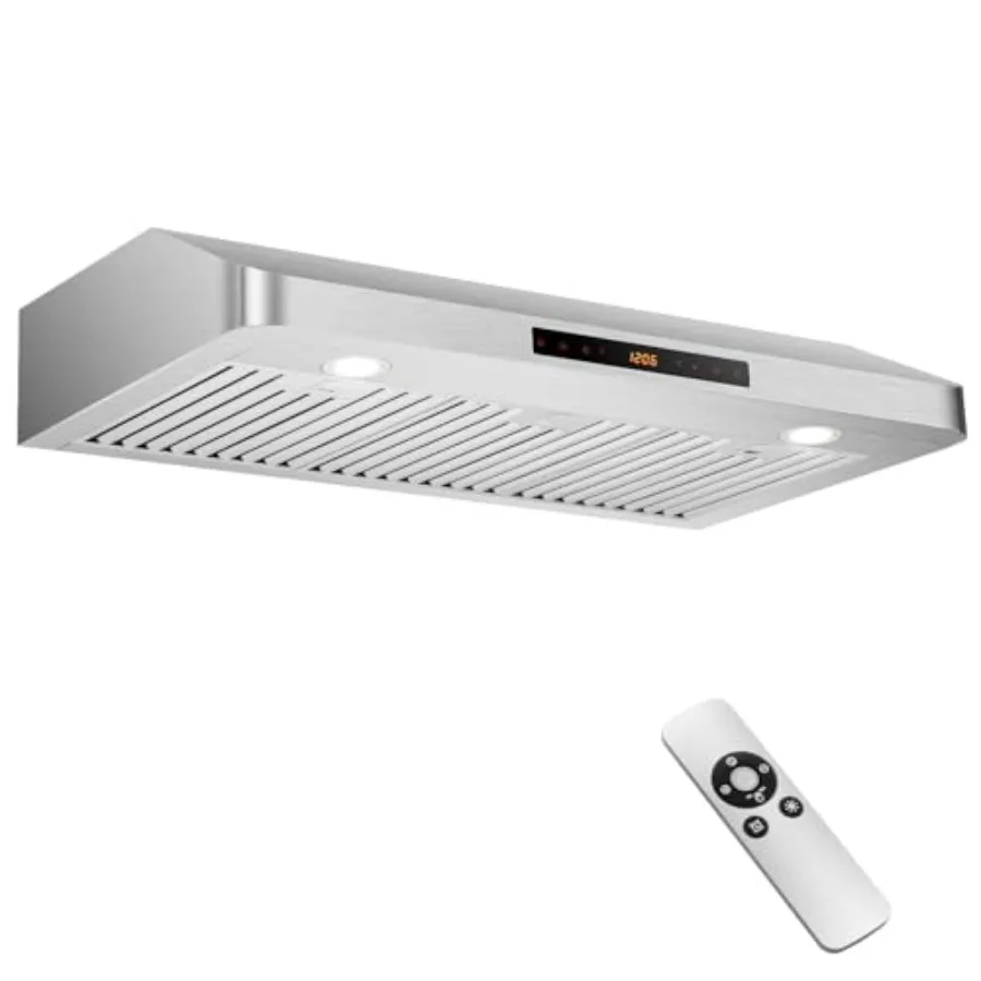 

30 Inch Under Cabinet Range Hood with 900CFM Stainless Steel Black Adjustable LED Lights Timer 4-Speed Gesture Sensing Touch an