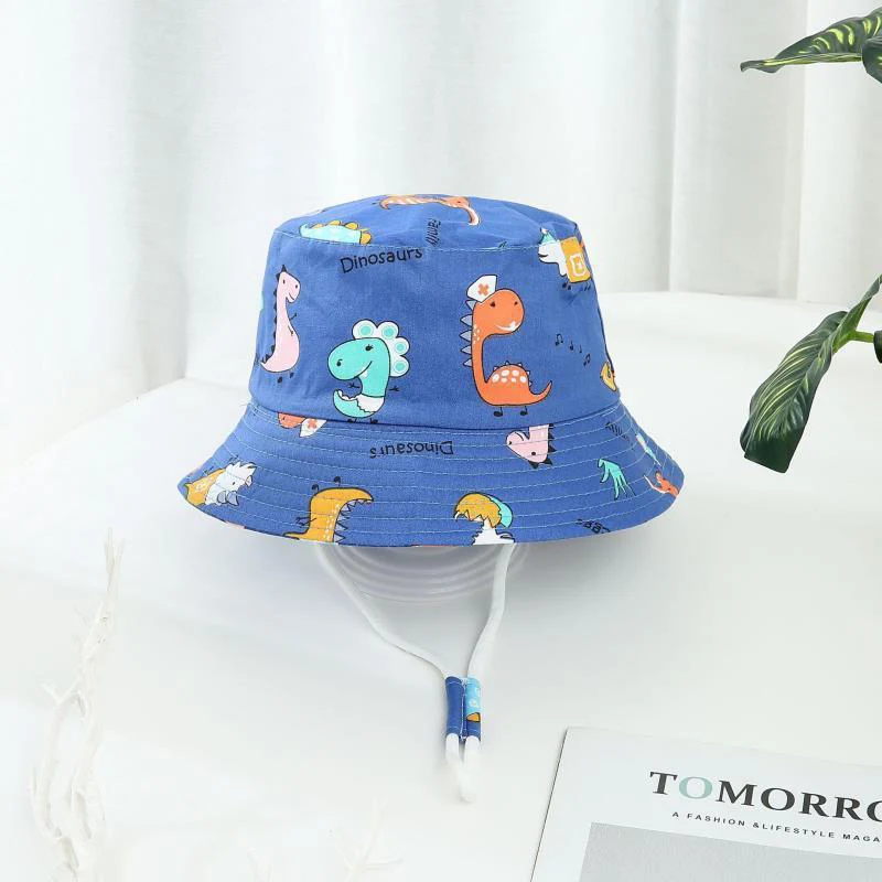 Cartoon Printing Baby Bucket Hat Cotton Breathable Kids Fisherman Hat Infant Toddle Sun Hat With Drawstring