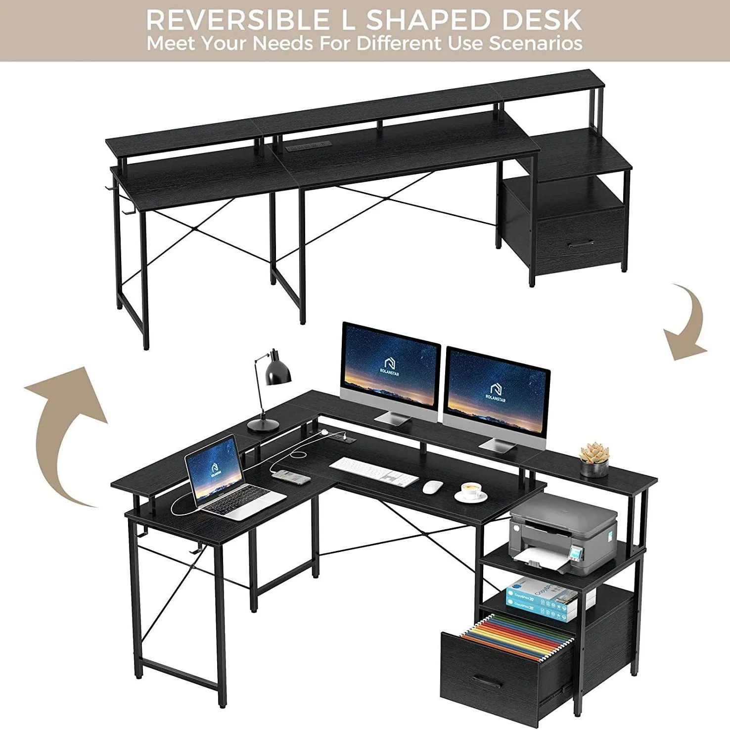 RSD Ergonomic Minimalist L Shaped Wood Metal Frame Computer Desk Eco-Friendly Design Multi-Functional Features Space Saving