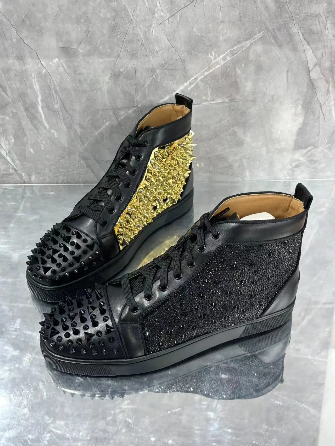 Fashion Mixed Color Black Gold Men Rivet Crystal Short Ankle Boots Lace Up Round Toe Men\'s Party Wedding High-Top Boots Shoes