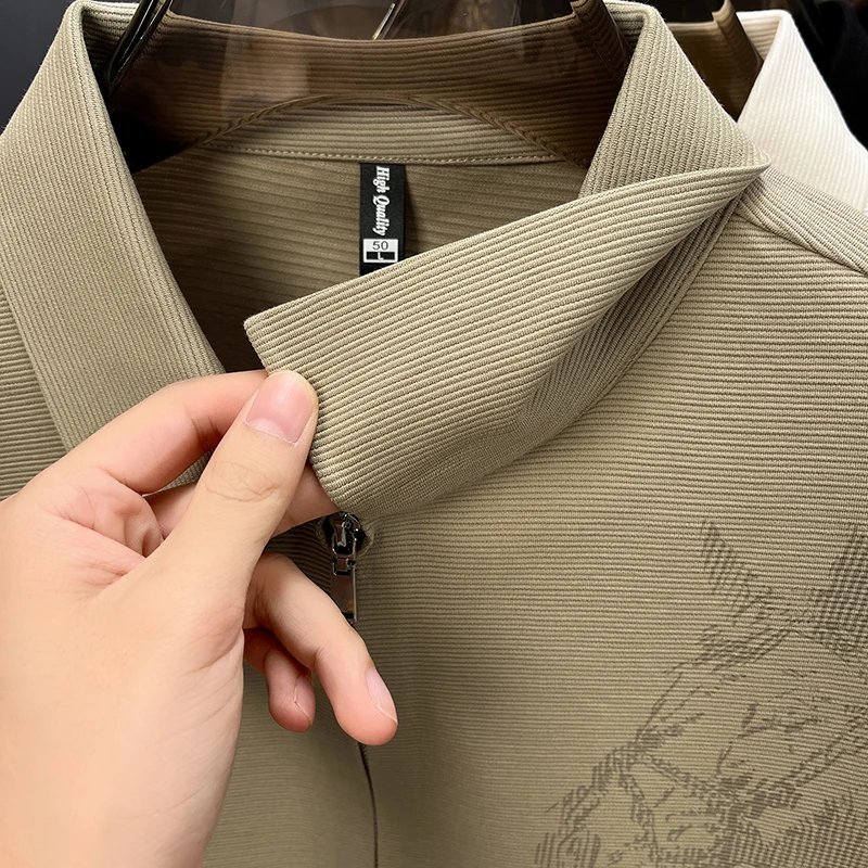 قميص رجالي أصلي بأكمام طويلة وسحاب وياقة مقلوبة وطباعة بسيطة وخفيفة الوزن كاجوال للربيع والخريف للرجال #2