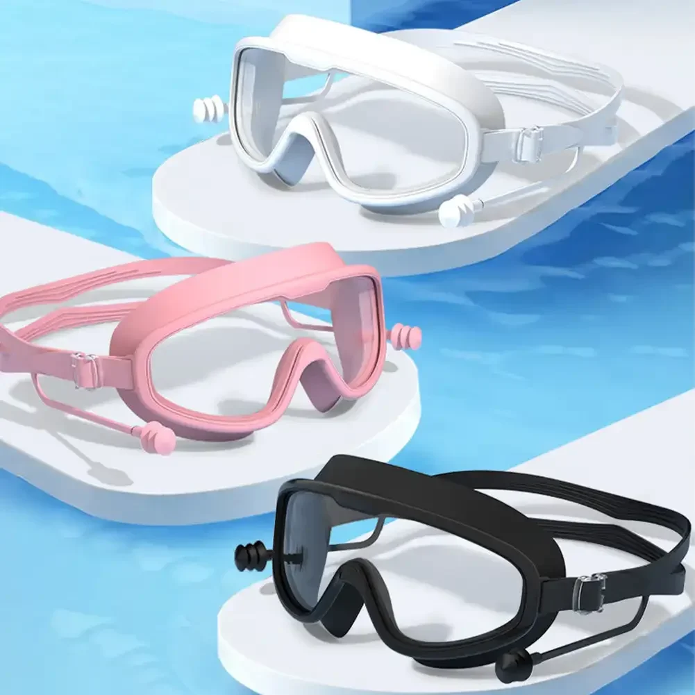 Adult Kids Big Frame Swimming Goggles with Earplugs Waterproof Anti-fog Swimming Eye Protection Glasses Pool Beach Goggles