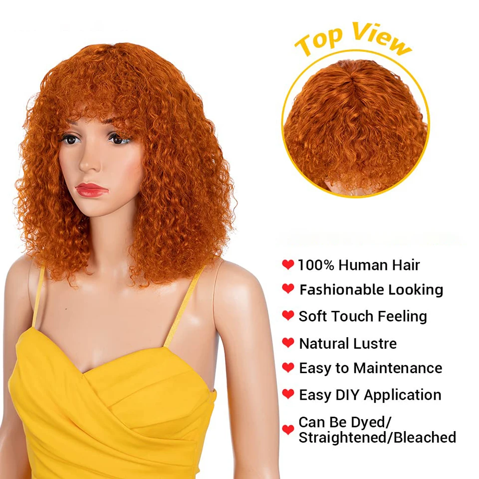 Ginger Jerry Curly Short Pixie Bob Cut Remy Human Hair Wigs With Bangs Honey Blonde Orange Non lace front Wigs For Black Women