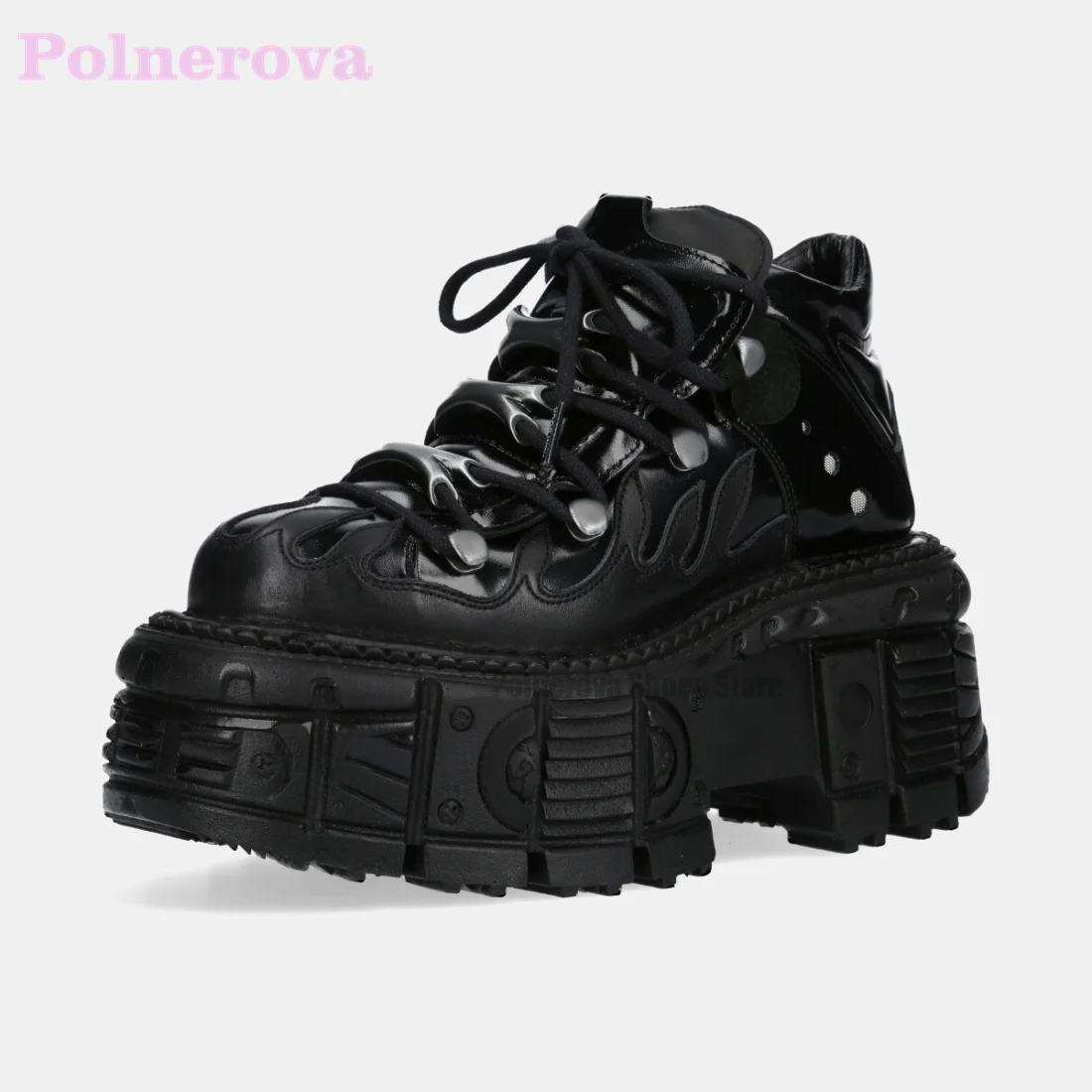 Metal High-Top Platform Shoes Women's Retro Rock Shoes Spanish-Style Black Punk Leather Lace Up Shoes for Men and Women Zapatos