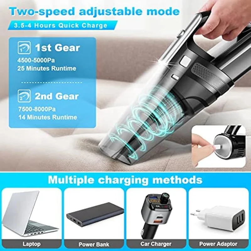 Protable Rechargeable Car Vacuum Cleaner Cordless 8000PA Powerful Suction For Car Home And Office