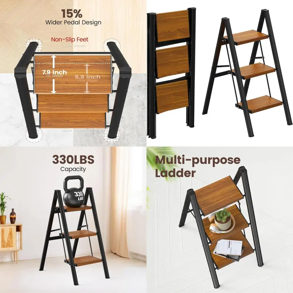 

Aluminum Folding Step Stool with Anti-Slip Treads, 330lb Capacity for Home, Kitchen, Office - Black Woodgrain