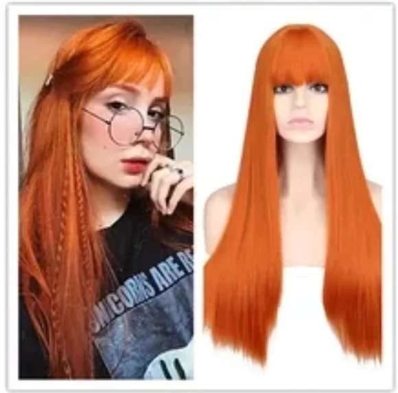 Woman Long Orange Straight  With Bangs Highlight Synthetic Costume Party wig