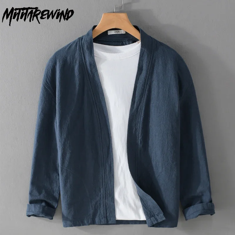 

Весенне-летние мужские куртки, повседневные свободные кардиганы, однотонные хлопковые льняные куртки с воротником-стойкой, винтажное мужское пальто в стиле Харадзюку, простое