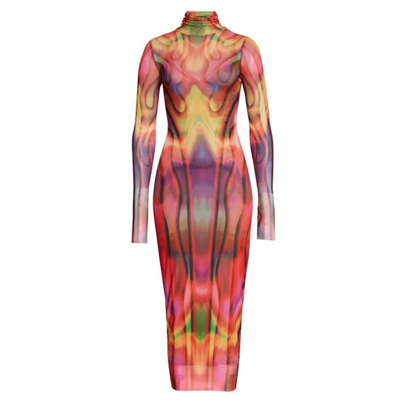 Sexy 3D Body Shape Printed Dress 2025 New Fashion Elegant Long Sleeve Night Club Party Skinny Bodycon Long Dresses for Women
