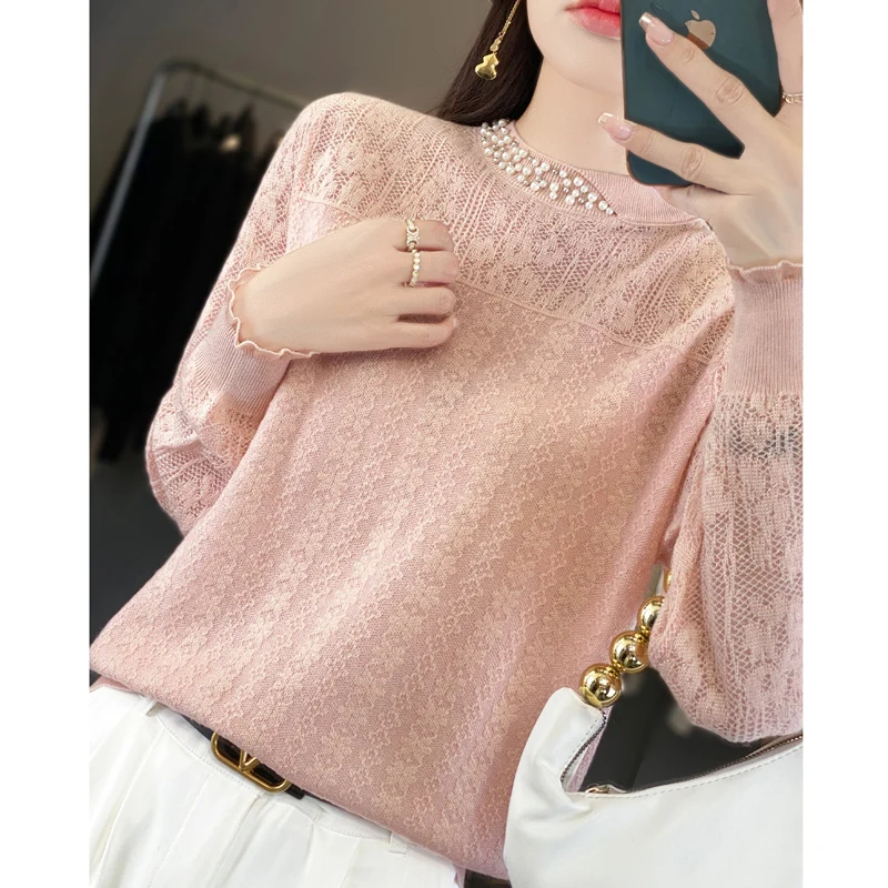 In summer, the new women\'s 100% pure woolen sweater knitted short sleeve casual loose female pearl collar loose fashion shirt.