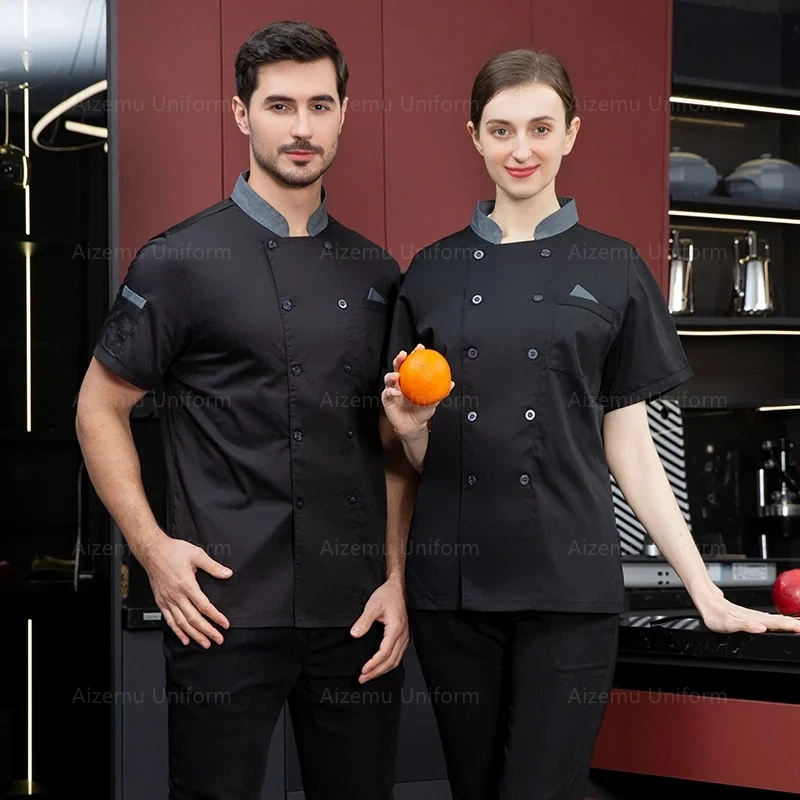 Uniforme de Chef de cocina, camisa de chef de manga corta para cocinero de hotel y panadería, chaqueta de Chef transpirable con doble botonadura, ropa de servicio de comida con logo