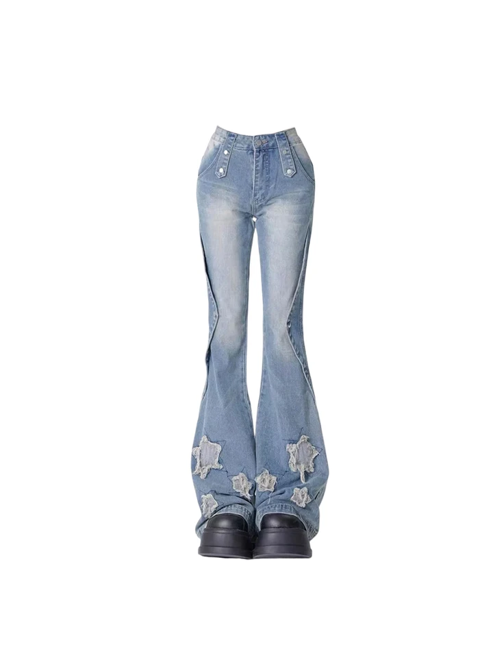 Women Blue Y2k Star Flare Jeans Vintage Cowboy Pants Harajuku