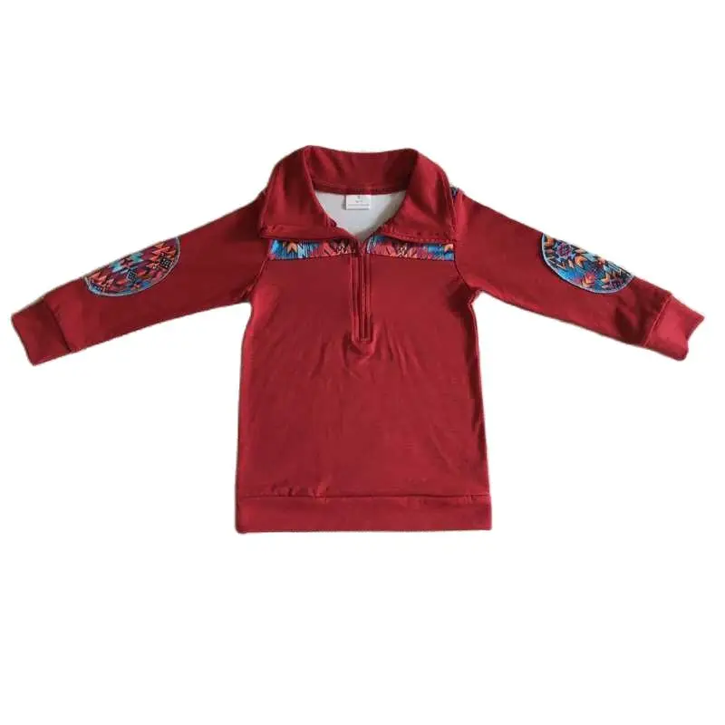 Boys Geometric Pattern Burgundy Zipper Long Sleeve Top