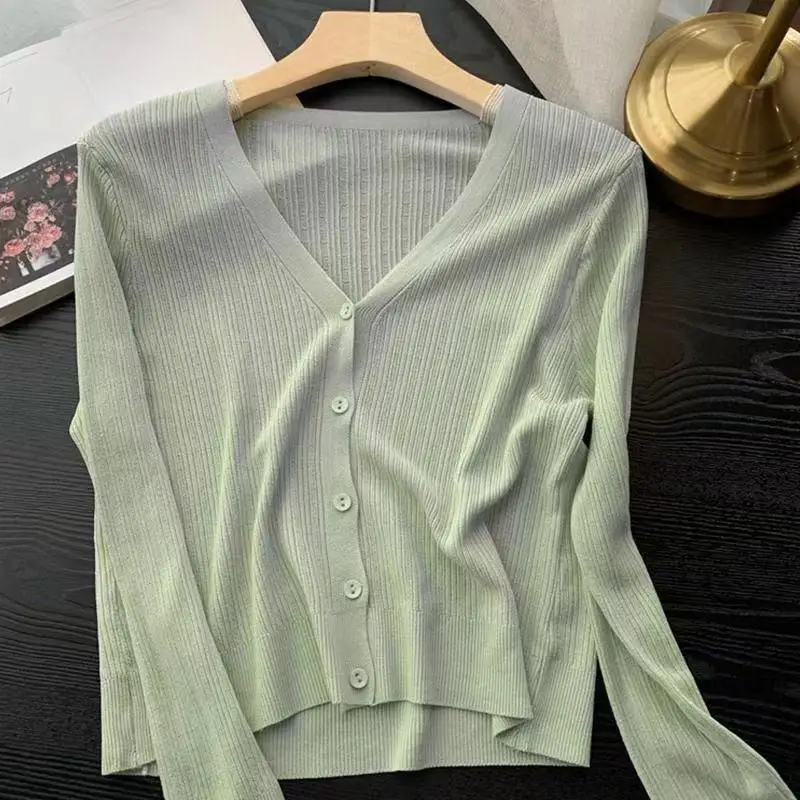 Thin Knitted Cardigan Women Spring Summer Ice Silk Gentle Classical V-neck Solid Slim Sunproof Tops Simple Leisure Fashion New