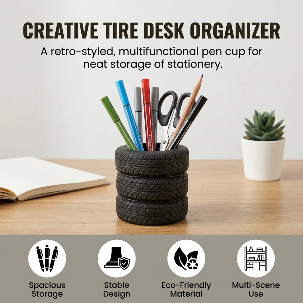 1pc Tire Pencil Holder EcoFriendly Plastic for Office Desk Organizer Retro Car Shaped Pen Cup Student Stationery Storage