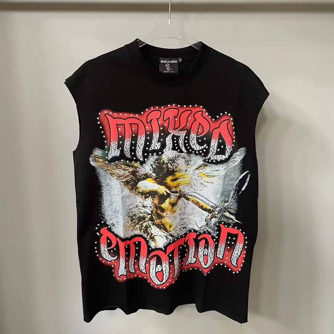 

Angel Letter Rhinestone Shinning Sleeveless Tshirts for Men Streetwear Cotton Loose Crew Neck Baggy Vest Oversize Summer Top Tee