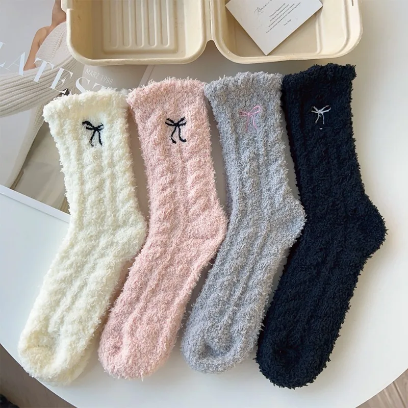 1/4Pairs Thick Plush Mid Tube Socks Women Coral Fleece Soild Color Thickened Warm Winter Harajuku Fashion Simple Home Sleep Sock image 2
