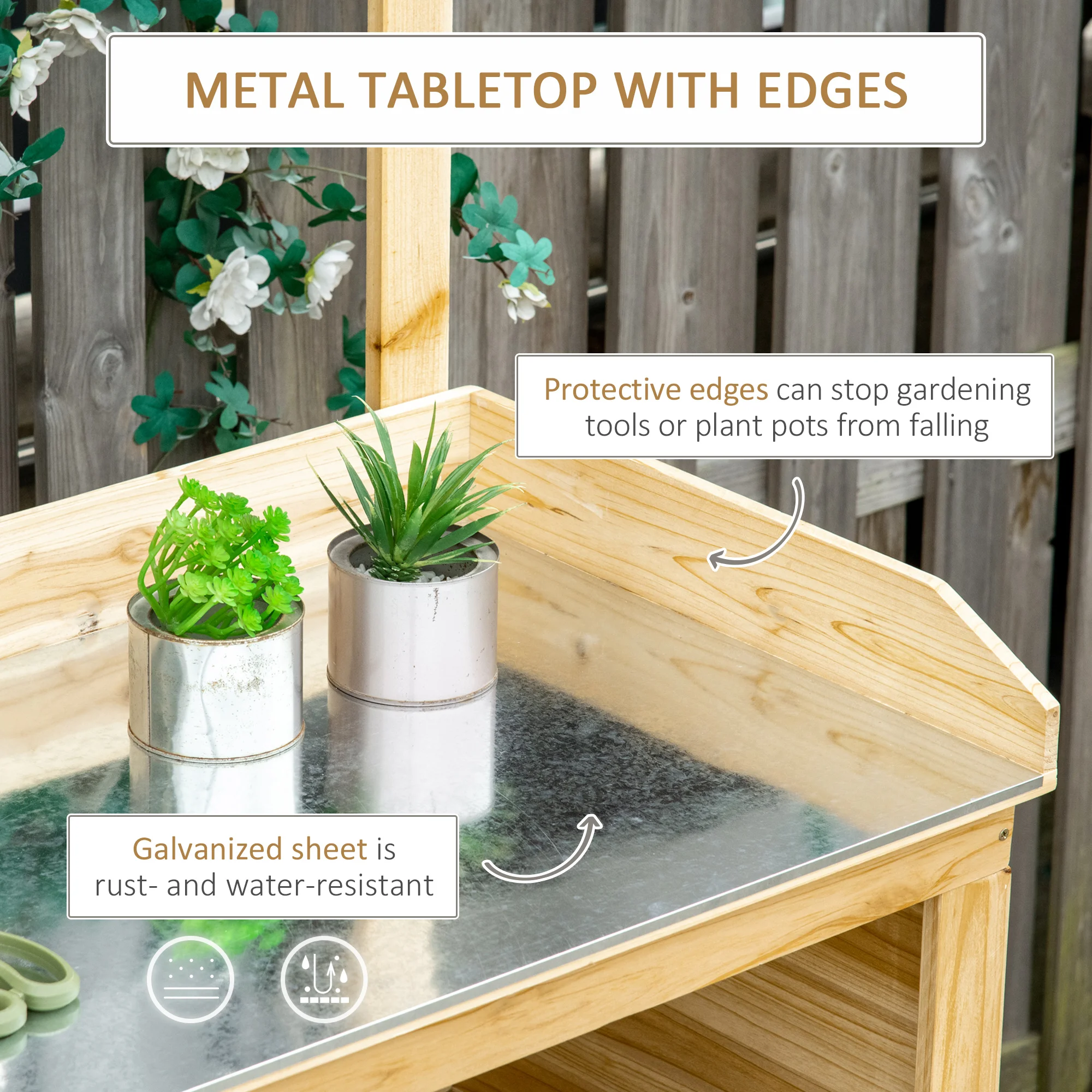 Garden Potting Bench Table Workstation W/ Galvanized Tabletop, Storage Shelves