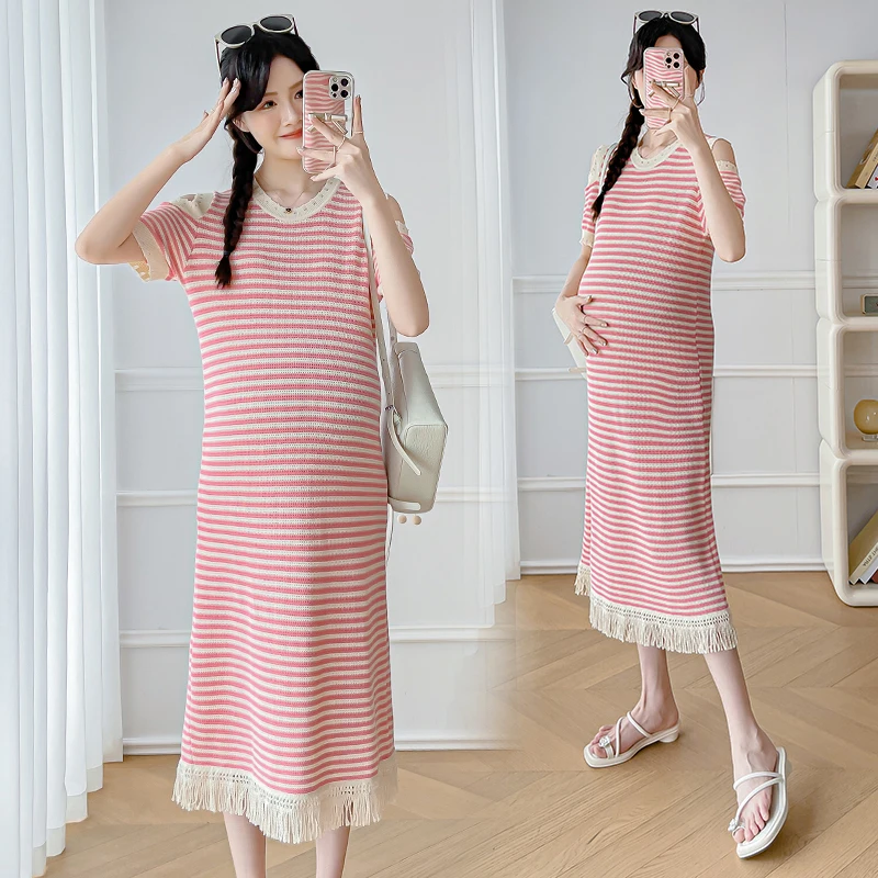 

Summer Fashionable Pregnant Women's Striped Knitted Dress Tassel Hem Patchwork Shoulderless Maternity Straight Dress Stretched