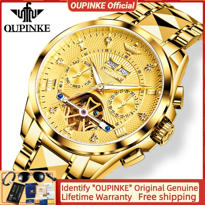 ساعة يد ميكانيكية أوتوماتيكية للرجال من OUPINKE مقاومة للماء ساعات رجالية فاخرة مضيئة من الفولاذ التنغستن 3265
