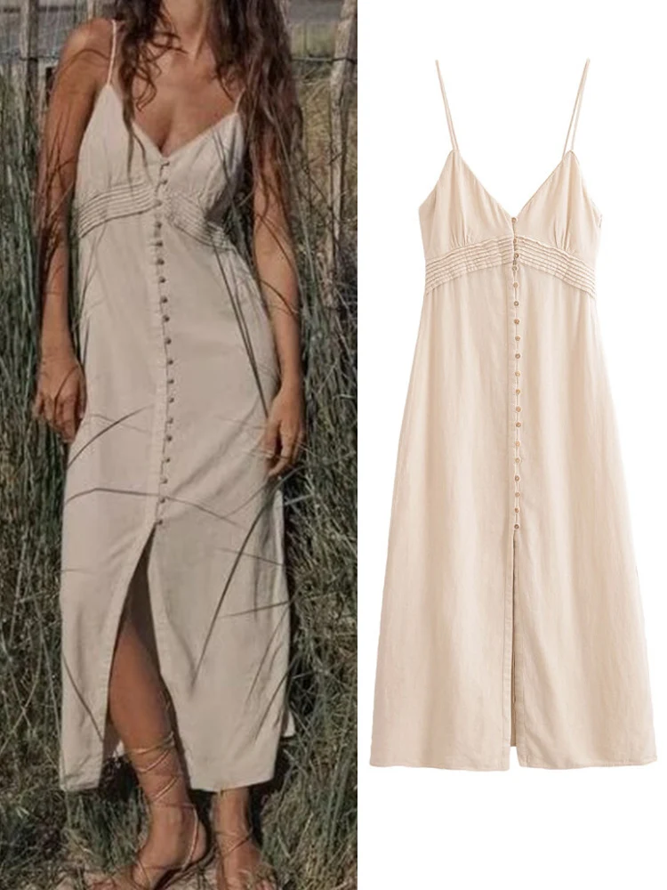 

Women Summer Linen MIDI Strap Dress 2024 Fashion Solid Strapless Buttons Female Elegant Street Mid-Calf Dresses Clothing