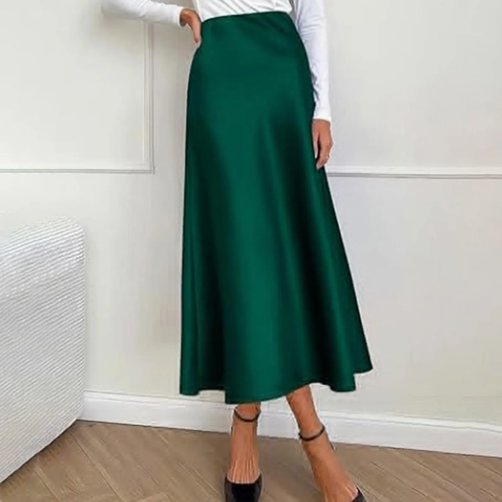 Women Fashion Satin Solid Pleated Midi Skirt Vintage Mid Elastic Waist Female Chic Lady Skirts Women Clothing