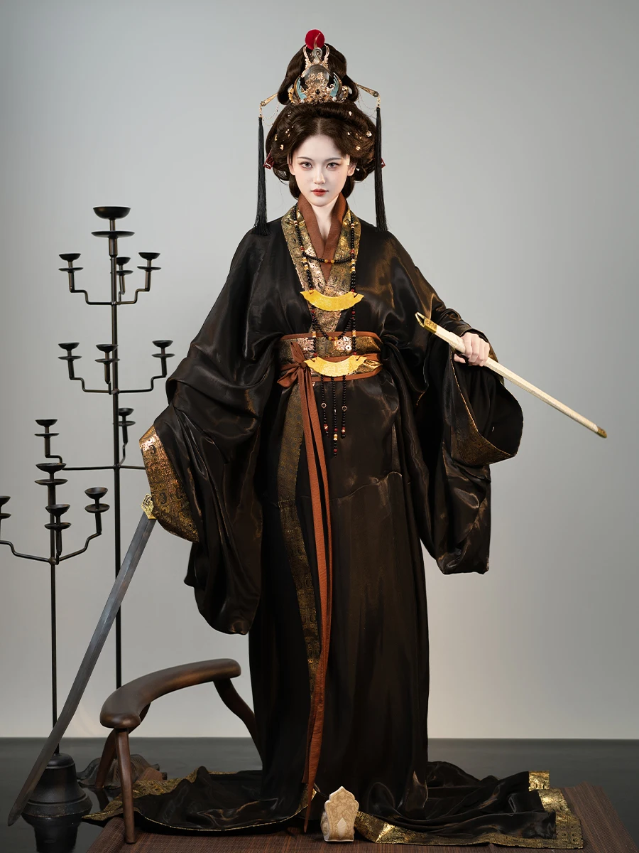 

anChi Hanfu Ancient Bla Double Layered Spring Autumn Winter Regular Fit Gold Weave Silk Robes for Women Chinese Tradition...