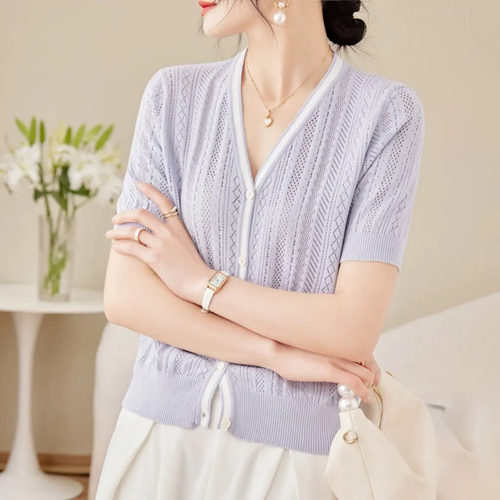 

Women's V-neck Style Knitted Cardigan Color-matching Spring Summer Thin Hollow Elegant Short-sleeved Top