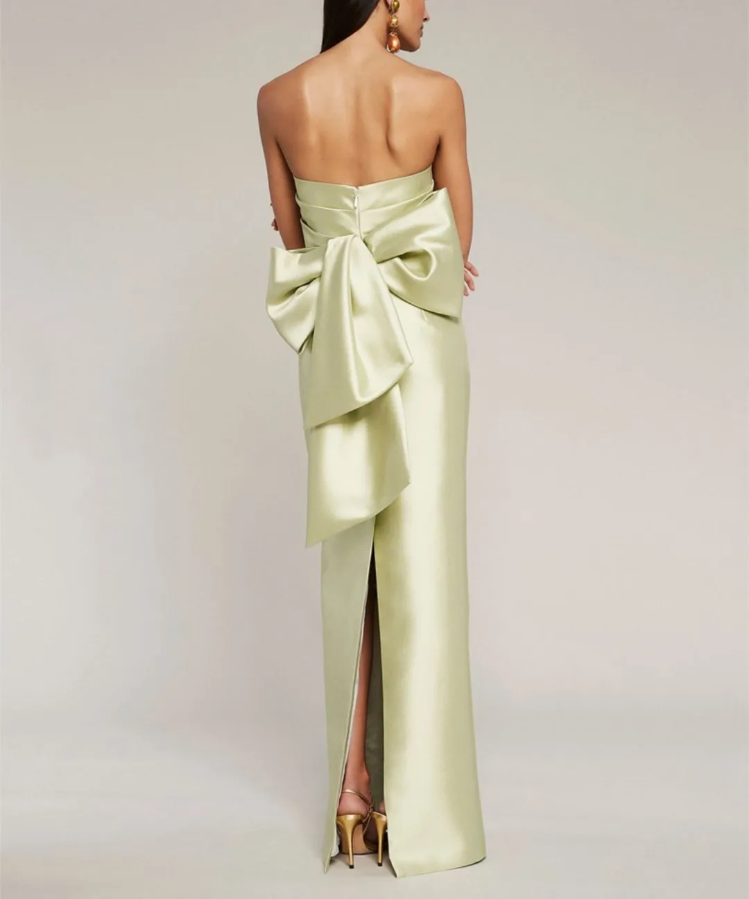 Classy Long Green Satin Prom Dresses With Bow Sheath Floor Length Wedding Guest Dress Evening Dresses With Slit for Women