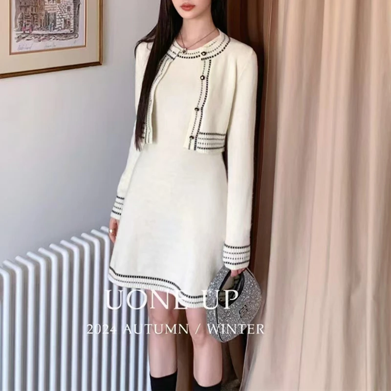

Sweet Hot Girl Knitted Suit Women's Autumn O-neck Long-sleeved Cardigan Slim Sleeveless A-line Dress 2-piece Set Female Clothes